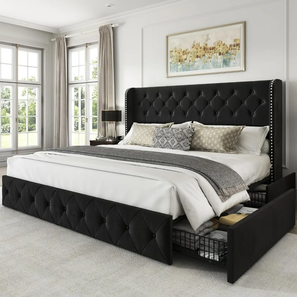 

King Size Bed Frame with 4 Storage Drawers and Tufted Headboard Velvet Upholstered Platform Bed Frame Wingback Beds