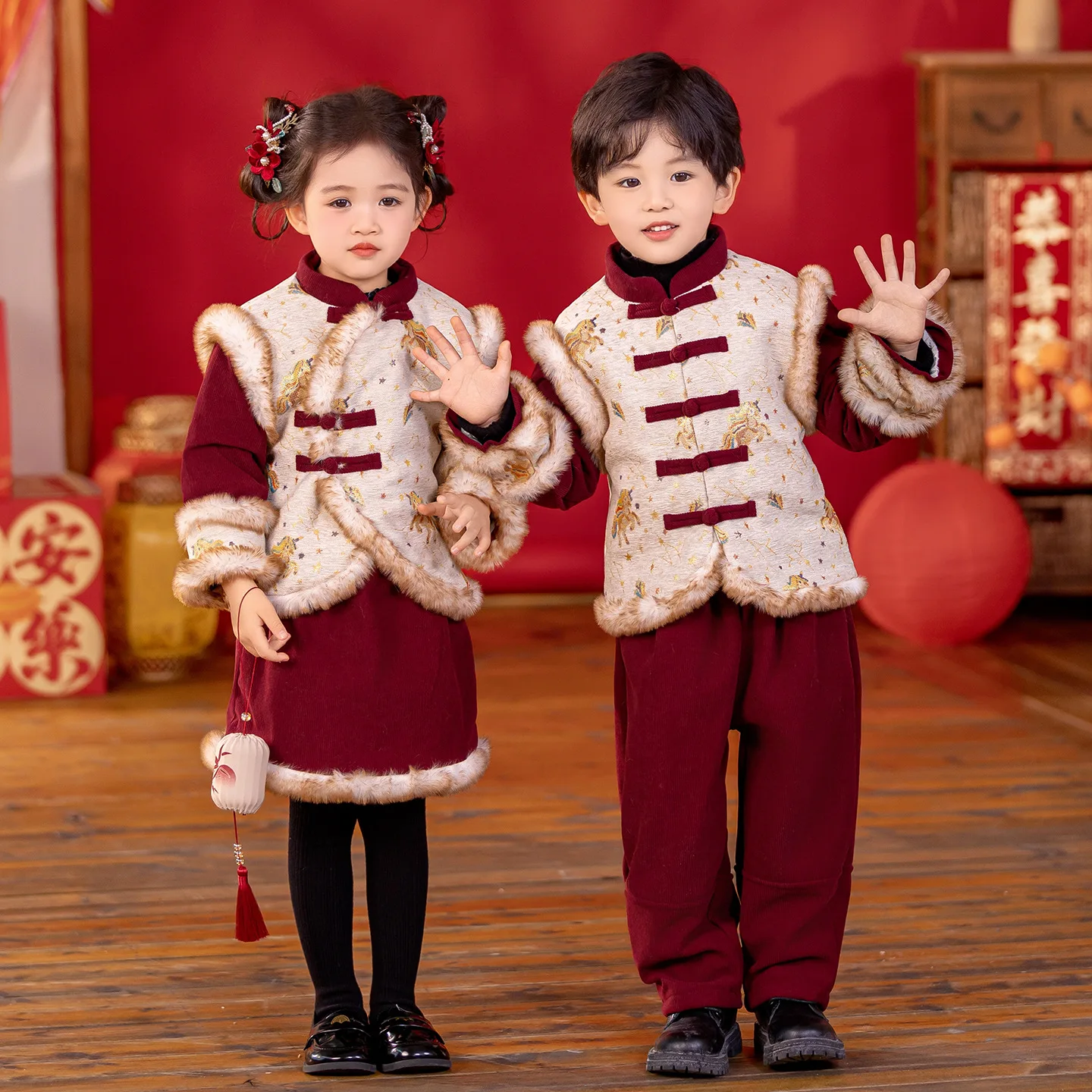 Winter Warm 90-160cm Child Tangsuit Traditional New Year Customes Kids Thicken Coat Pants Dress Outfits