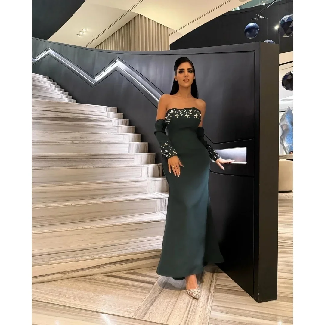 

Teal Strapless Beaded Long Bespoke Occasion Gown Evening Dresses Pastrol Unisex Jersey Retro Dubai Saudi Arabic Prom Customized