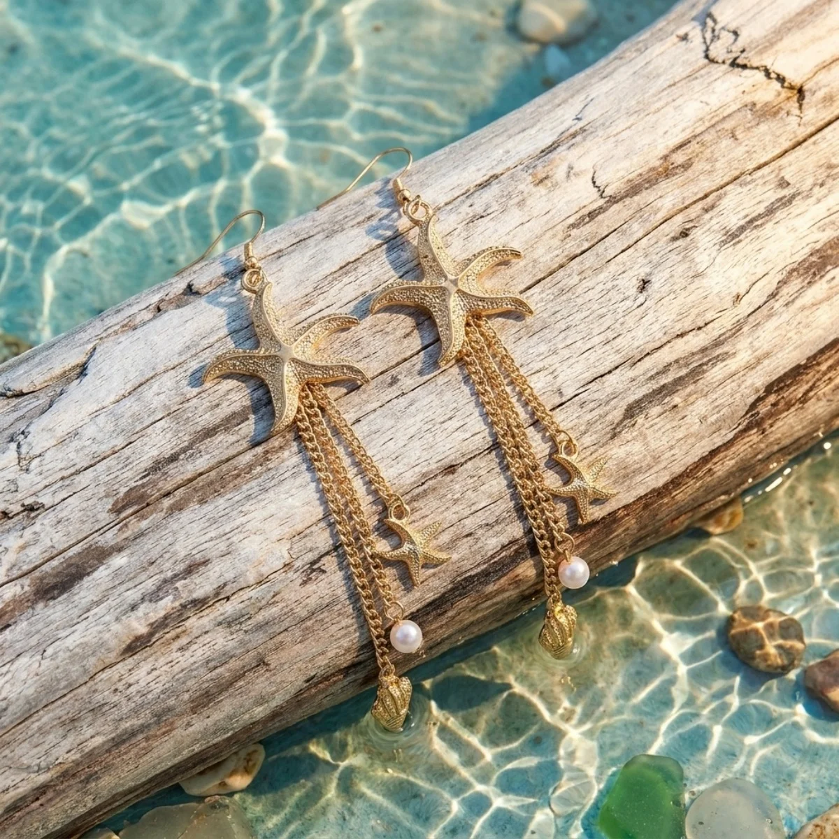 Ozean-Seestern-Ohrringe aus Acryl mit simulierten Perlenketten und Quasten für Damen, Sommer-Muschel-Seepferdchen-Schildkröten-Ohrringe, Schmuck – Detail 34