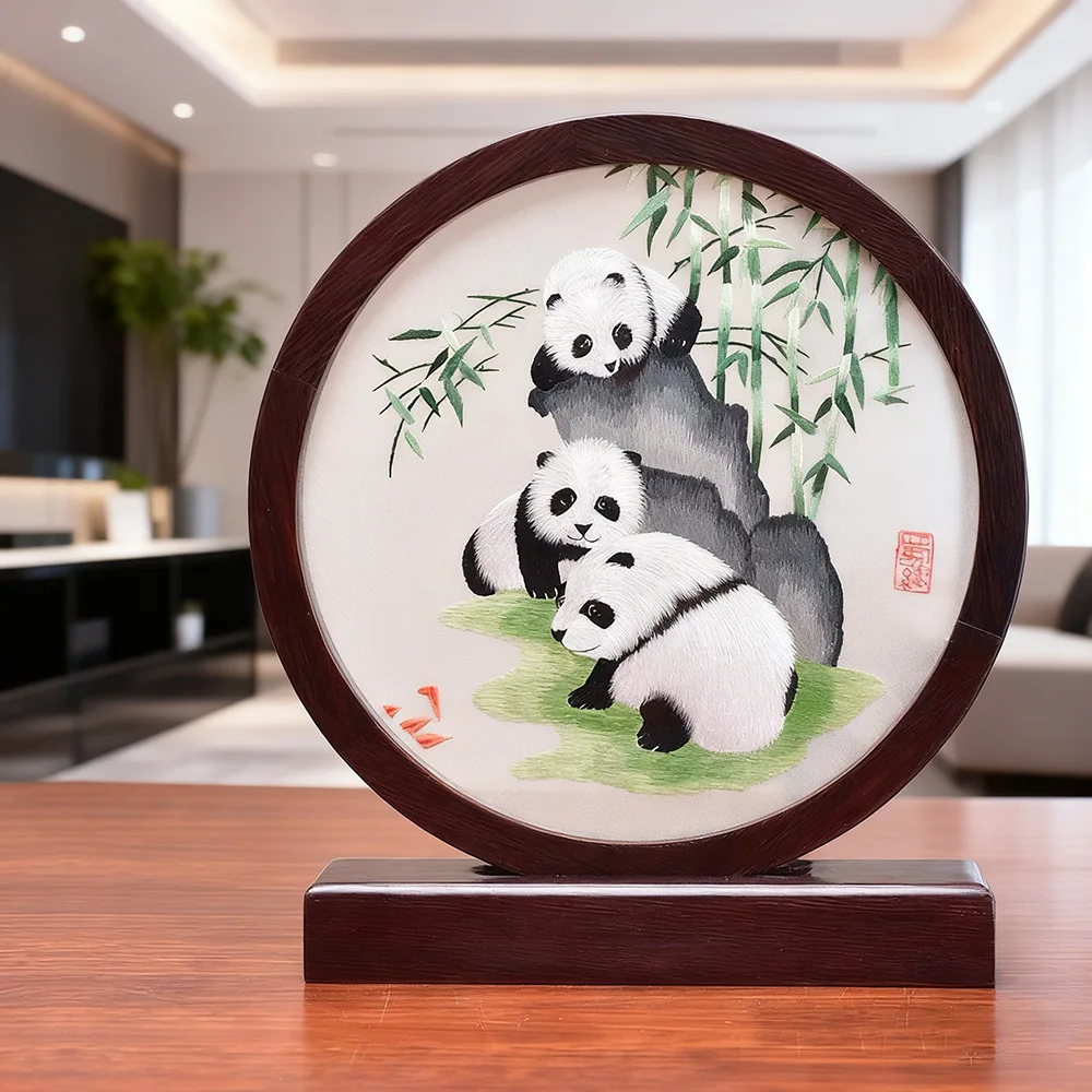Double-sided hand-embroidered ornament panda screen red sandalwood Chengdu souvenir