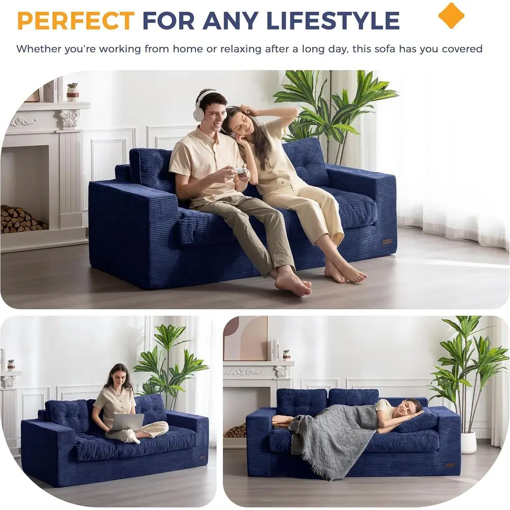 Sofá para sala de estar, sofá desossado com almofada e encosto capitonés, sofá estofado, sofá em uma caixa, azul marinho
