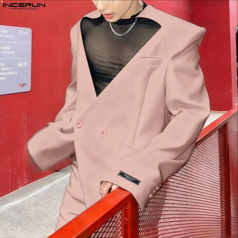 

Fashion Men Blazer Solid Color V Neck Long Sleeve Streetwear Button Male Suit Hollow Out Elegant Casual Thin Coats Men INCERUN