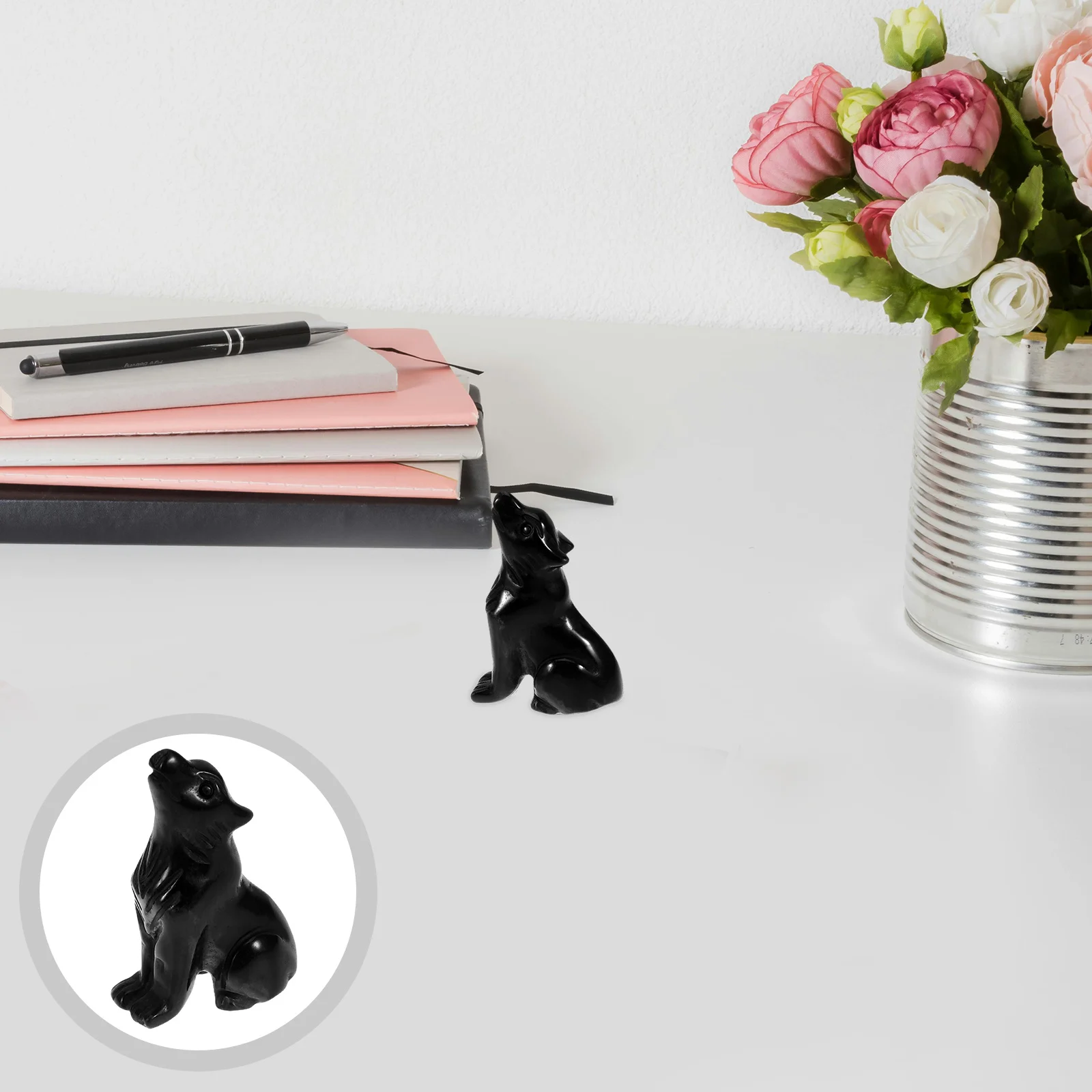 

Obsidian Small Wolf Sculpture Delicate Desktop Office Home Decor Animal Ornament for Meditation and Display