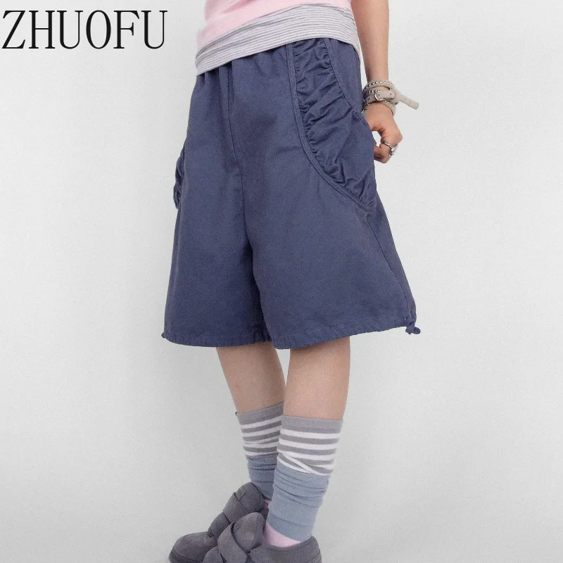 Fold Solid Color Women's Capris 2026 New Sweet Cool Retro Design Y2k Drawstring Loose Leisure Wide Leg Elastic Waist Pants Girl