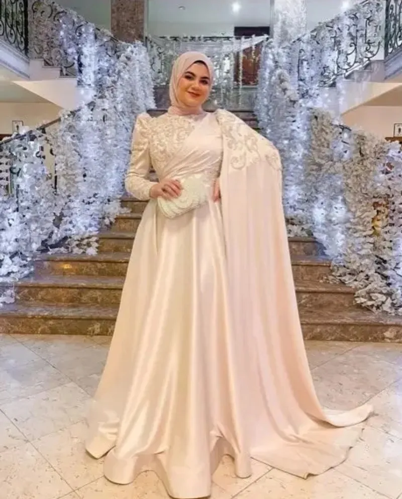 Funyue-Vestido de noche musulmán de manga larga, elegante Vestido de satén con cuentas de encaje, Hijab árabe, Vestido Formal para Fiesta, Boda Invitada