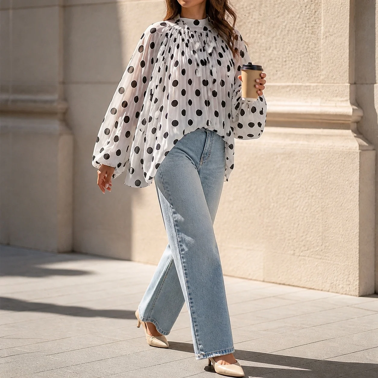 Tie Loose Fit Shirt with Commuter Chic Sheer Pullover Elegant No Stretch Lantern Sleeve Polka Dot Summer Blouse for Women