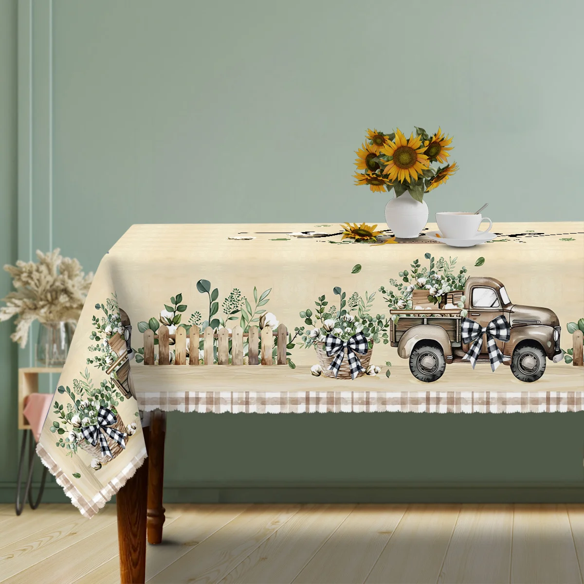 One tablecloth for a rural inn, featuring a retro truck bowtie leaf fence buffalo pattern design.