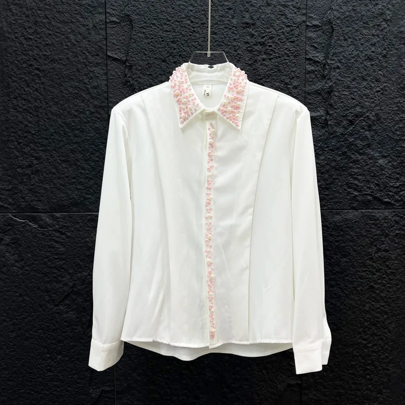 WVGA Summer New Men High-end Light-luxury Heavy-duty Pearl Long Sleeved Shirt Unique Style Pleated Deconstructed Tops Ins W25242