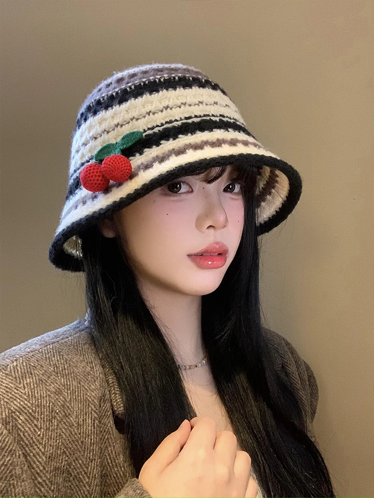 Flower Print Hat 2024 Fashion Colorful Knitting Women's Autumn and Winter Cute Handmade Hat Knitted Fisherman Bucket Loose R37