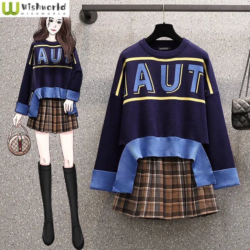 Fashion Spring and Autumn Suit Women 2022 New Korean Version Loose Bat Sleeve Shawl Sweater Pleated Skirt Two-piece Set