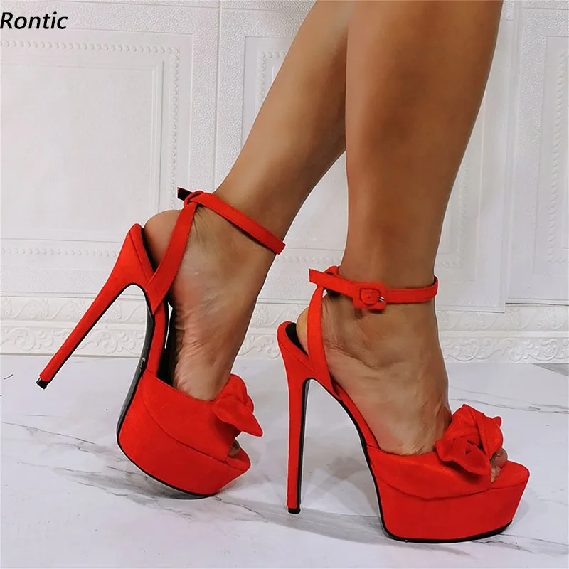 

Rontic New Women Ankle Strap Sandals Platform Faux Suede Stiletto Heels Peep Toe Beautiful Red Fuchsia Party Shoes US Size 5-20