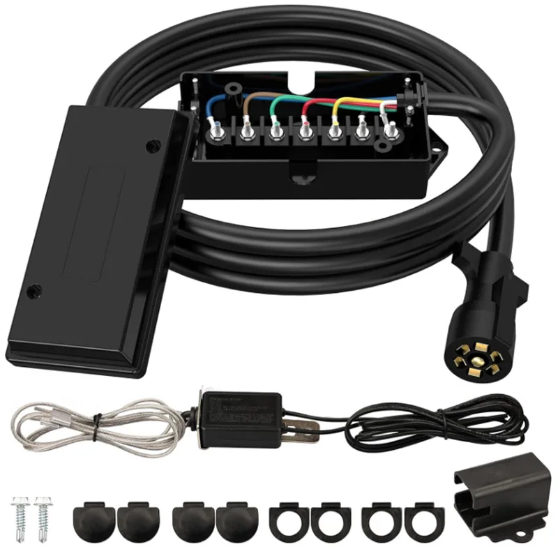 

7 Way 8FT Trailer Wiring Harness Kit w/7 Gang Junction Box, 12V Breakaway Switch, Copper Cord for Trailers RVs Campers Trucks