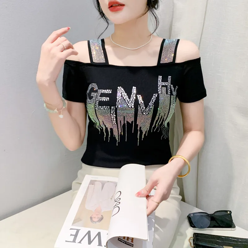 2025 New Arrived Ladies Clothes Sexy Off Shoulder Mesh T-Shirt High-End Letter Shiny Diamonds Shirts Women Summer Chic Tops Tees
