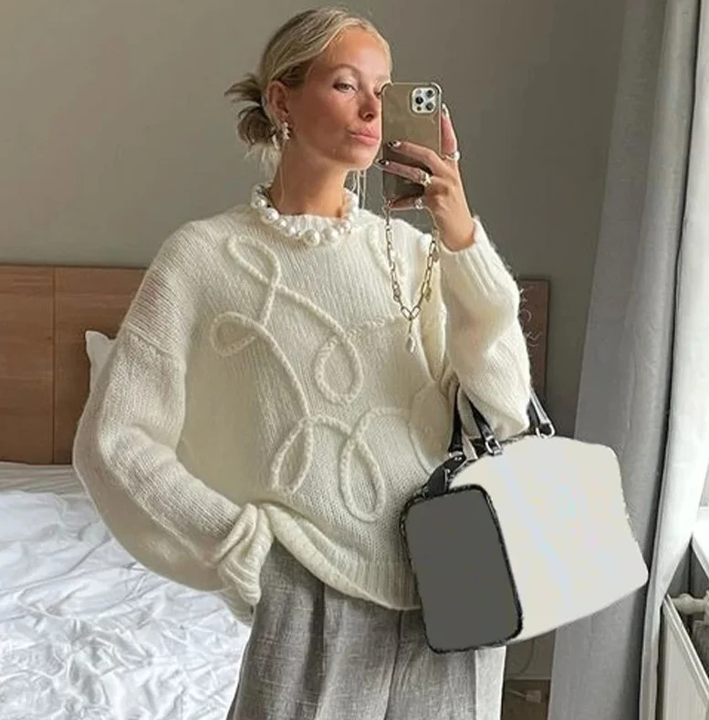 

Fashion Casual Pullovers For Women Solid Color Round Neck Long Sleeve Knitted Sweater Loose Female Autunn Winter New