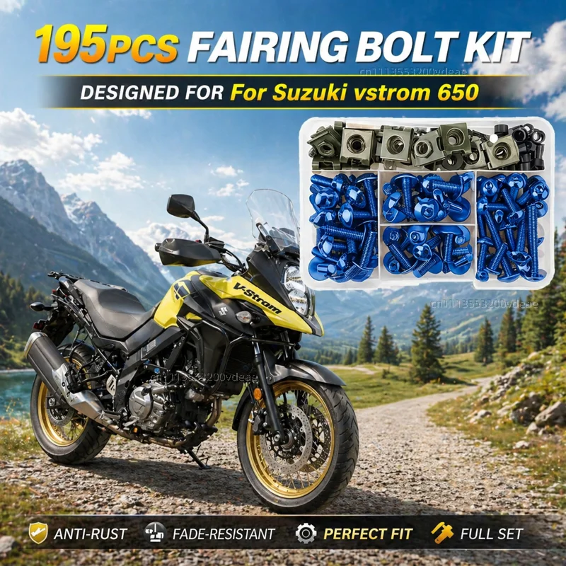 195Pcs Motorcycle Aluminum Fairing Bolt Screws Kit Nut Clips For Suzuki vstrom 650 DL650 650XT v-strom 650 xt vstrom650 dl 650