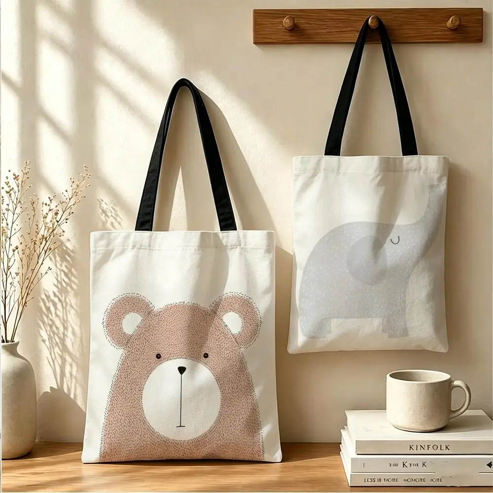 Chlid Cute Cartoon Animals Storage Bags Women's Canvas Tote Bag Large Capacity Reusable Shoulder Handbag For Shopping