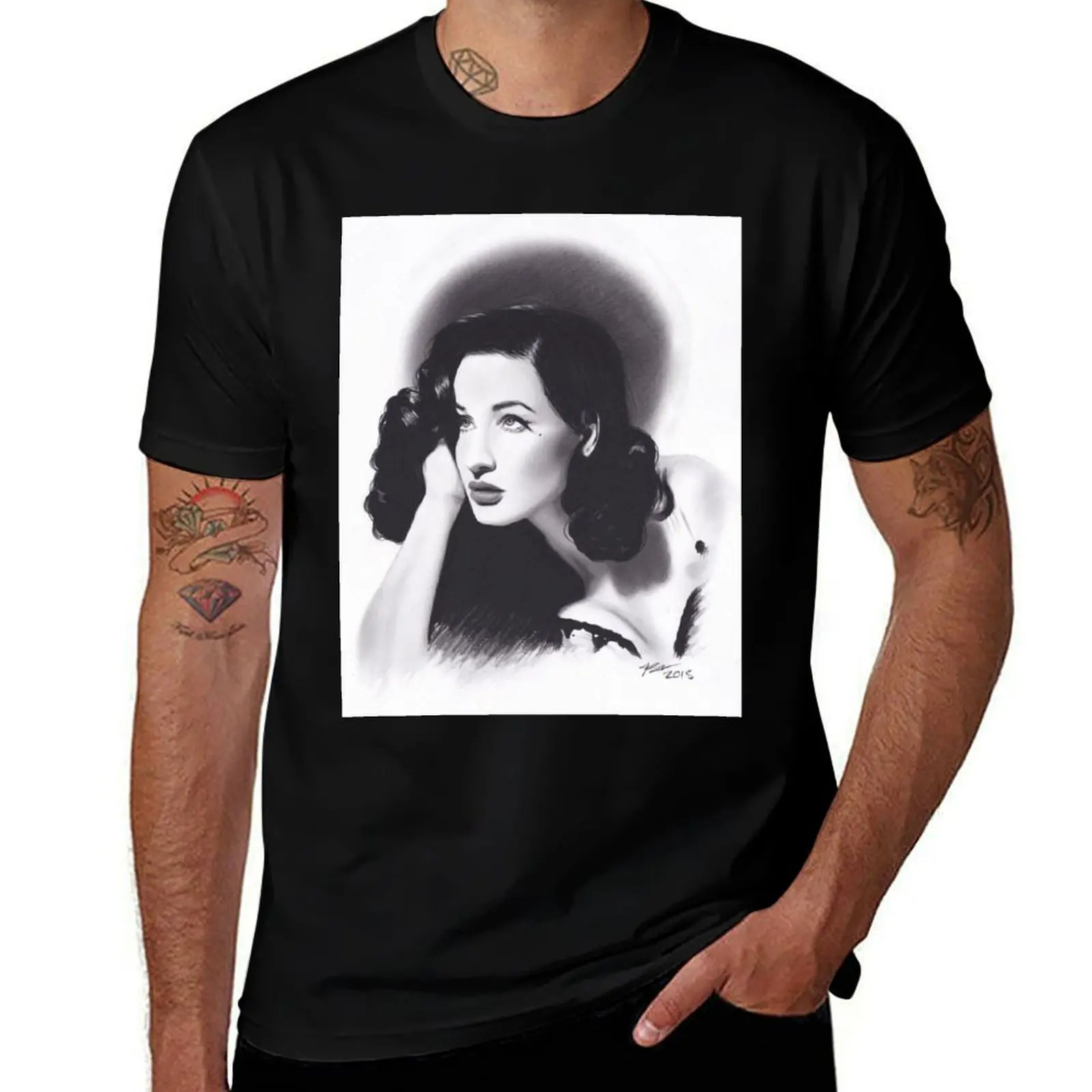 

Realism Charcoal Drawing of Dita Von Teese T-Shirt baggy shirts hippie clothes Personalized t-shirt mens clothes