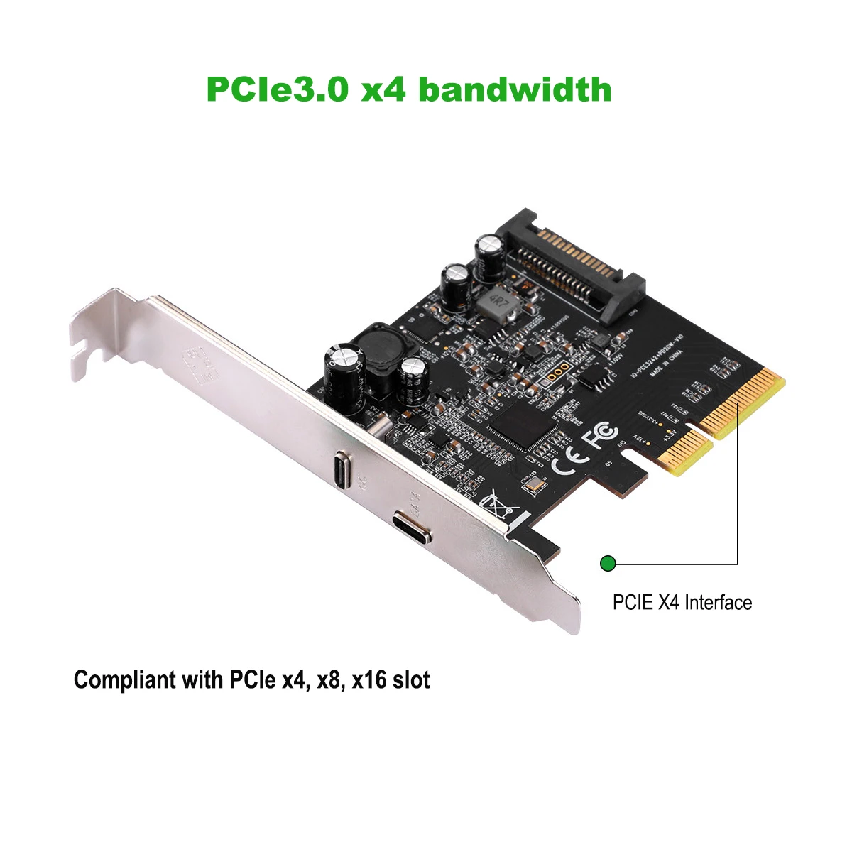 PCIE 3.0 To USB 3.2 Type-c 2 Port 20G Data Transfer and 20W Quick Charge PCIE X4 for USB-C Dual Ports Expansion Controller Card