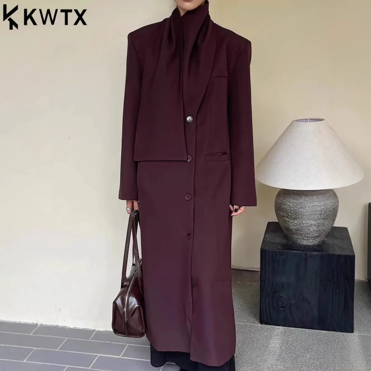 

KWTX 2025 осенне-зимний женский плащ с шарфом и воротником, длинное пальто, элегантное винтажное шикарное роскошное высококачественное удобное пальто