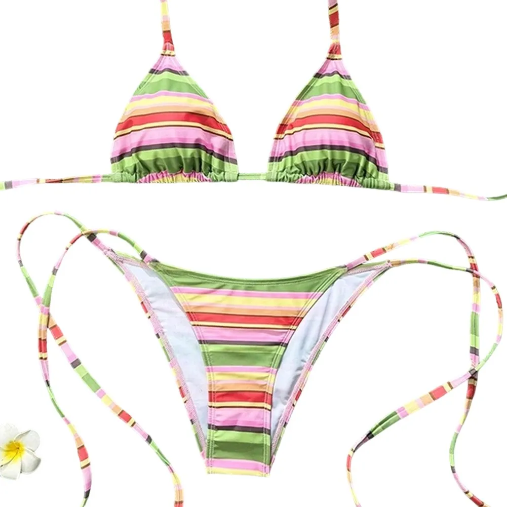 Pink Green Striped Bikini Set Adjustable Two Piece Swimwear For Beach Pool Spa Bathing Suit Women Summer Swimming Wear