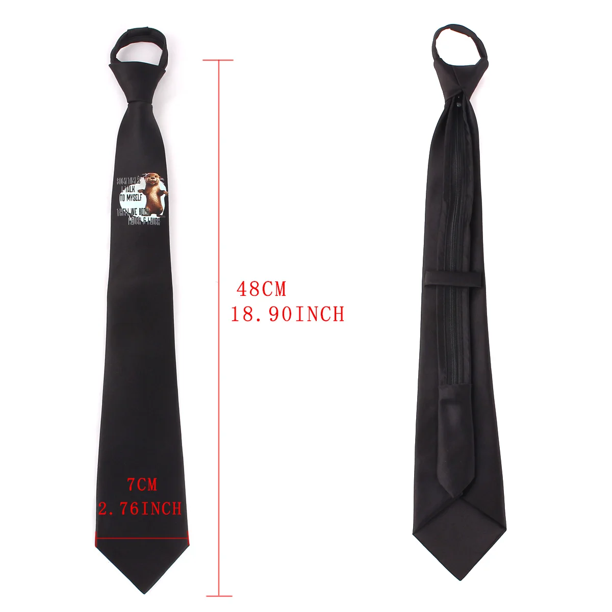 Hot Selling Style Polyester Funny Print Zipper Ties for Men Women Easy Pull Black Neck Tie