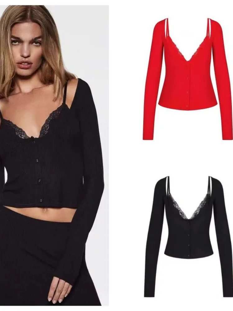 

Sexy Bla Lace Long Sve Fake Two-Piece Top for Women Softlounge Kardaian Inspired Bodycon T-irt Polyester Fiber