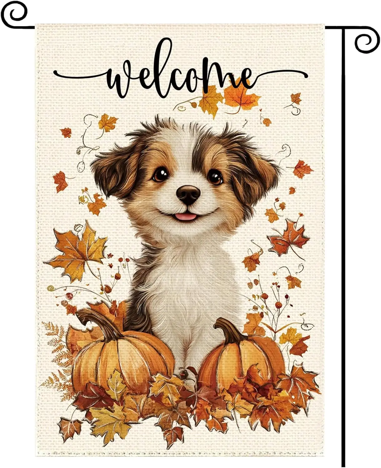Fall Dog Pumpkin Welcome Garden Flag 12 x 18 Inch, Autumn Thanksgiving Maple Leaf Burlap Double Sided Small Flag Yard House  SSL