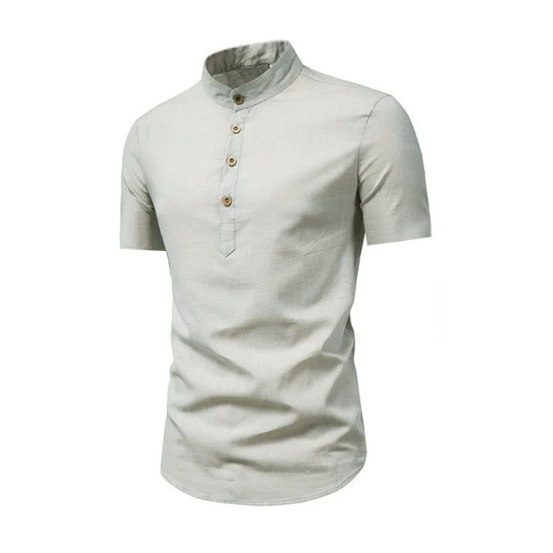 Men\'s casual short-sleeved stand-up collar vintage solid color shirt