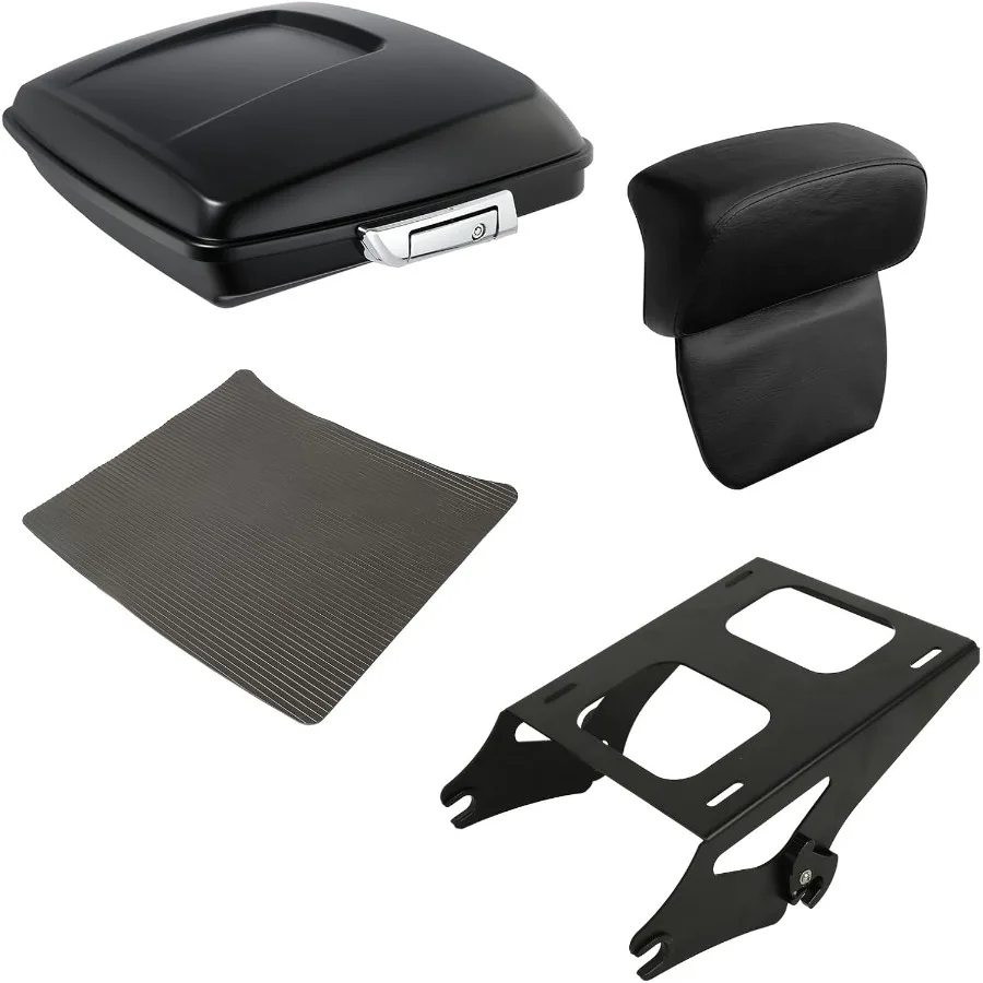 

Motorcycle 5.5 Matte Black Razor Trunk Luggage with Backrest Pad and Black Mount Bracket for Harley Touring Road King Street Gl