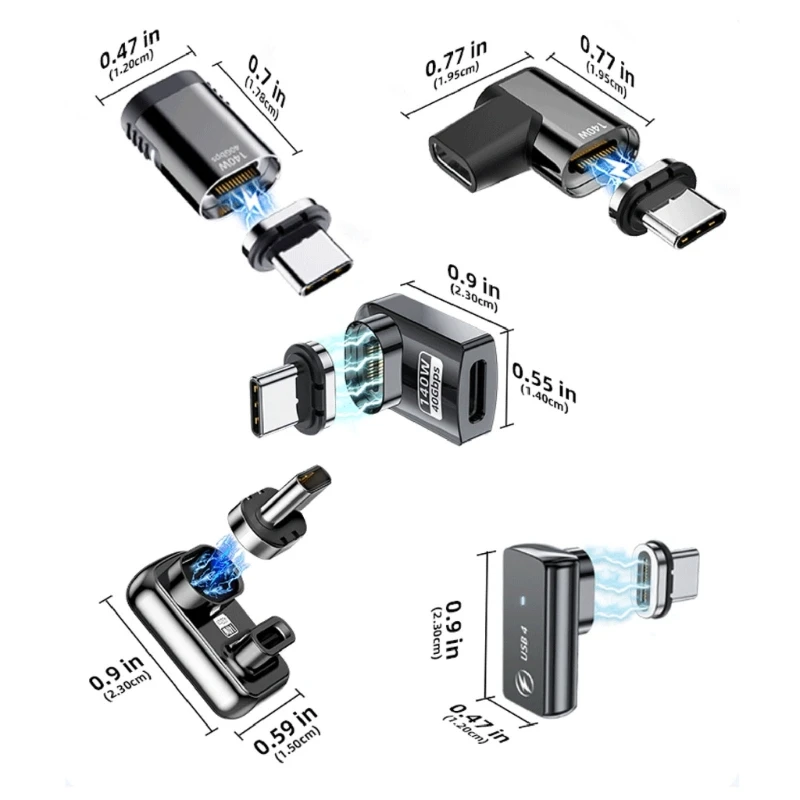 محول USB C عالي السرعة مع محول مغناطيسي للشحن السريع 140 وات، اتصال مغناطيسي لإخراج الفيديو 8K للهاتف المحمول