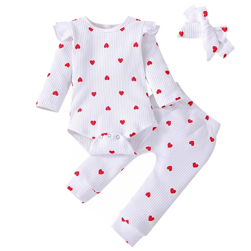 3Pcs Baby Girl Outfit Set Newborn Toddler Kids Clothing Set Baby Girls Lace Ruffles Cotton Bodysuit +Pants+Headband Clothing