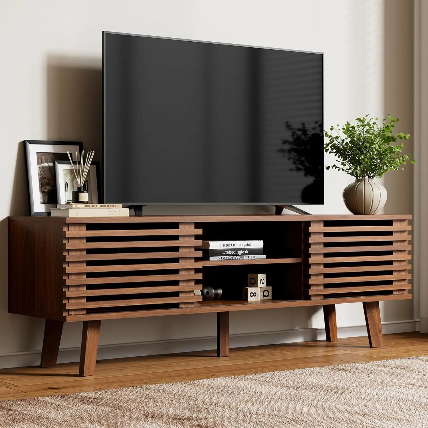 

Тумба под телевизор в стиле Mid-Century Modern для телевизоров 50/55/60 дюймов, развлекательный центр с местом для хранения и раздвижной дверцей, деревянная медиаконсоль.