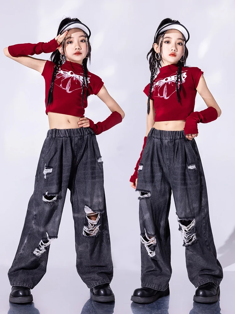 Modern Jazz Dance Clothes Girls Kids Hip Hop Clothing Navel Tops Hole Denim Pants Fashion Catwalk Show Outfit Costume BL13466