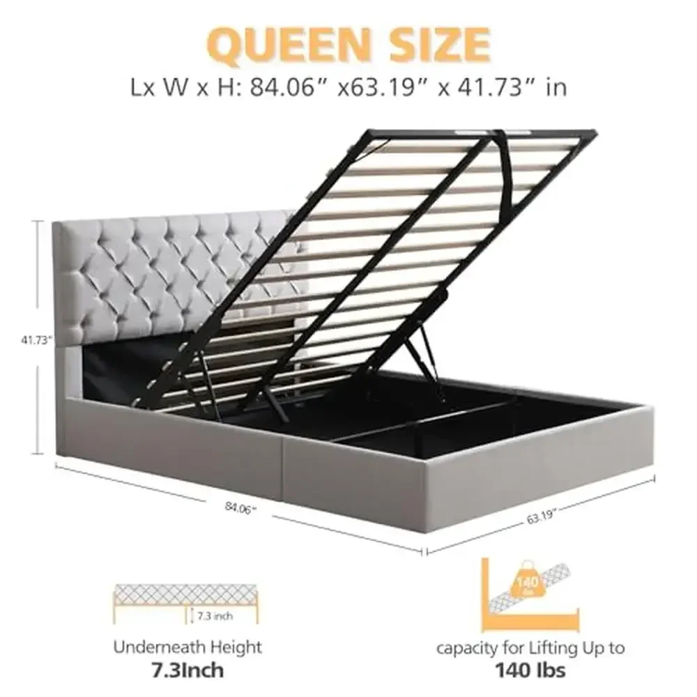 Queen Size Button-Tufted Upholstered Storage Bed with Hydraulic Lift-Up Platform Design Gray Fabric EVA Foam Strong Support Easy