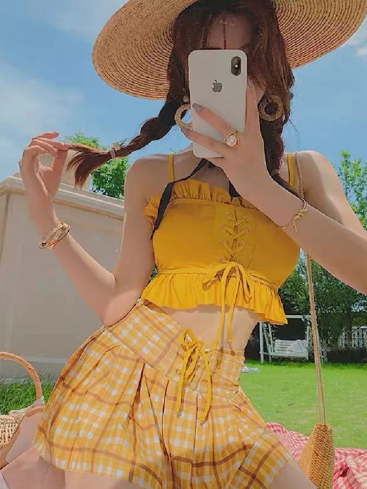 

Cute Fre Sle Bikini Separate Swimwear Plaid Skirt High Waist Student Swimsuit Small Chest Belly Conceal Slimming Effect