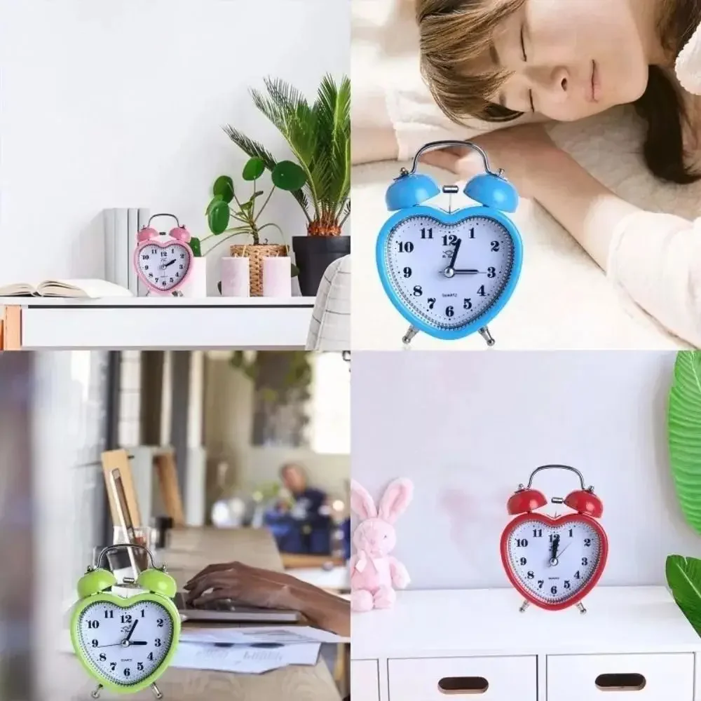 Heart Shape Alarm Clock Night Light Creative Snooze Wake  Clocks Metal Girls  Ticking Time Clocks