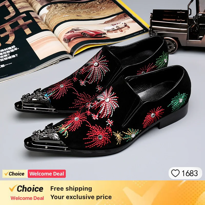 

New men's steel-toed embroidered black pointed dress shoes men's casual shoes handmade men's dress shoes size 36-49