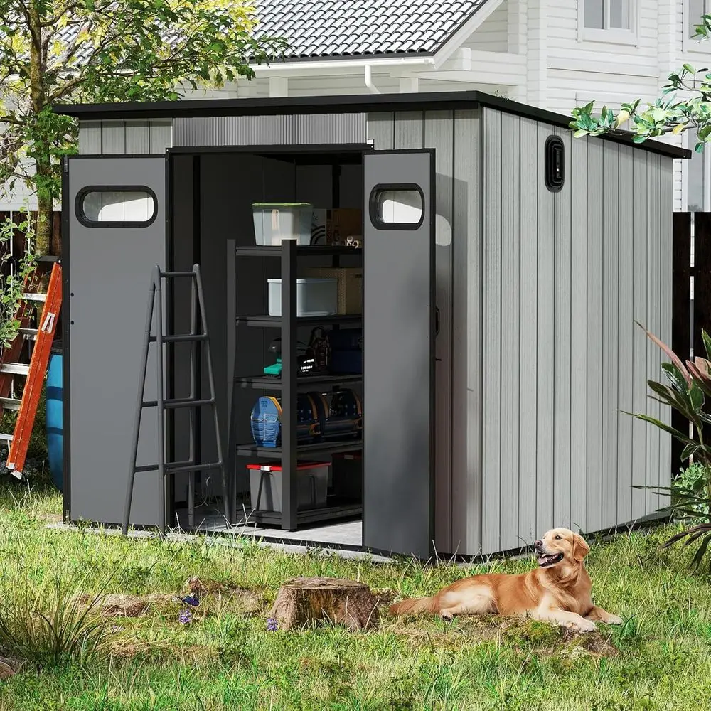 

Прочный пластиковый сарай 6x8 для улицы с матами, запираемый, вентилируемый, для хранения садового инвентаря, газонокосилок, велосипедов