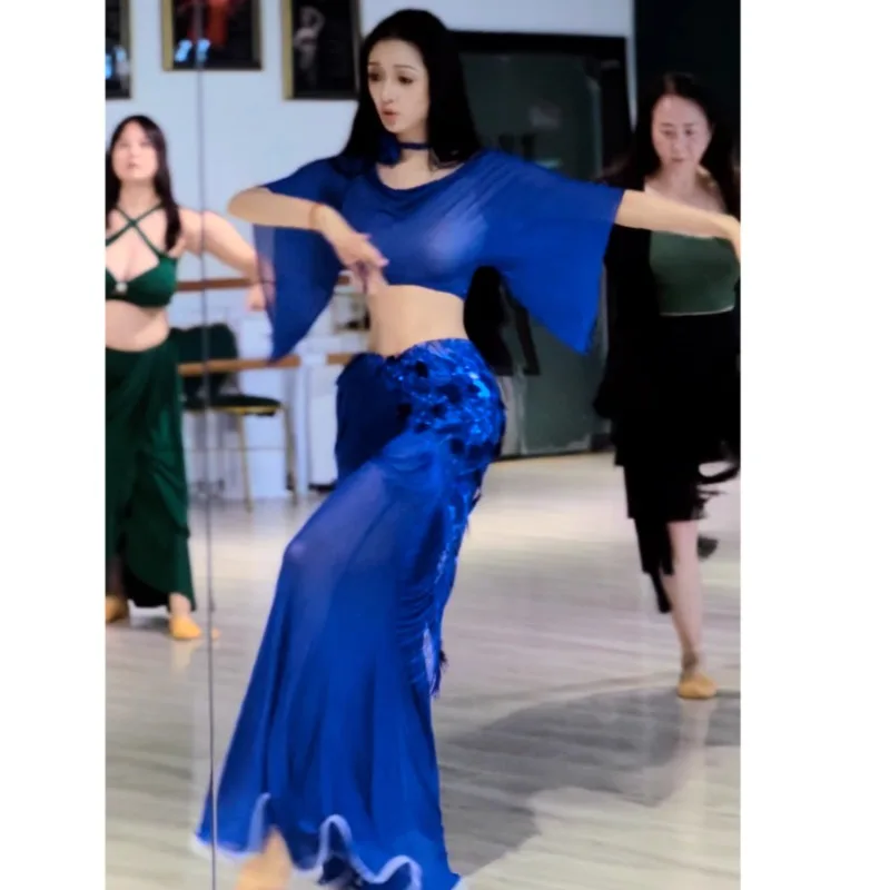 customized belly dance costumes new set sexy long dress performance costume group class uniform blue suit top skirt hip scarf