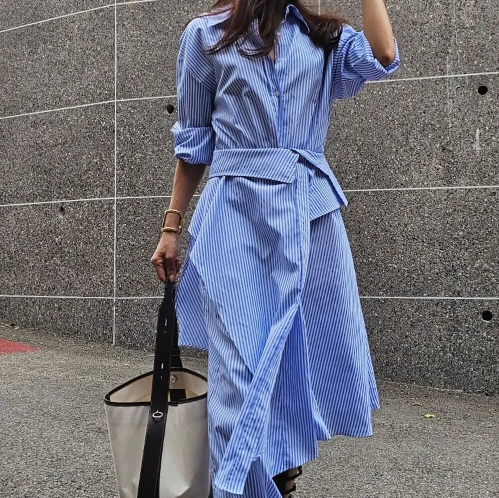 French Designer Autumn Blue Striped Shirt Dress New Fashion Chic Women Single Breasted Pockets Irregular Overlap Long Clothes