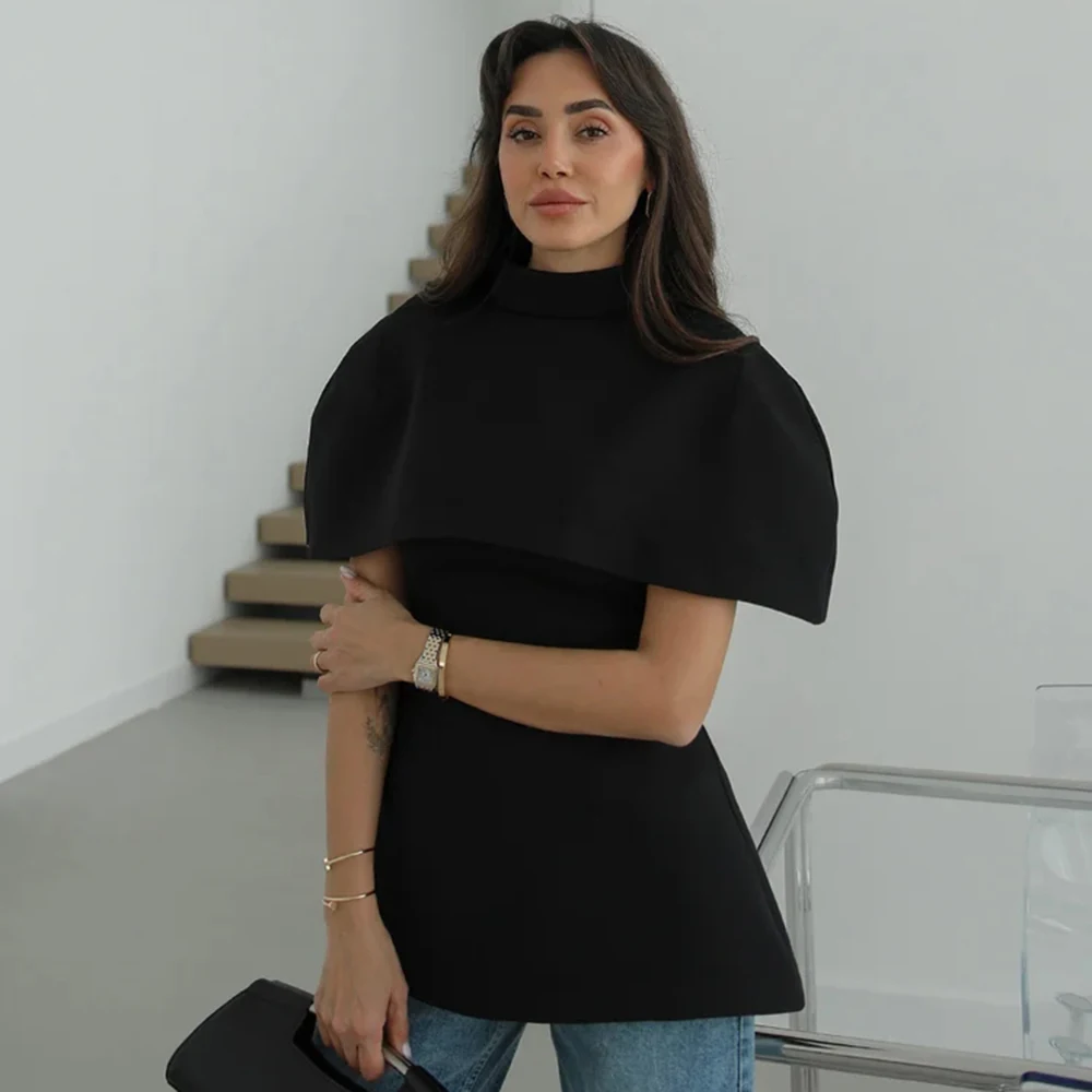 

Talenza Black Turtleneck Cloak Tops Women's Elegant Solid Short Sleeve Waist Cinching Coats Lady Spring Autumn Street Outwear