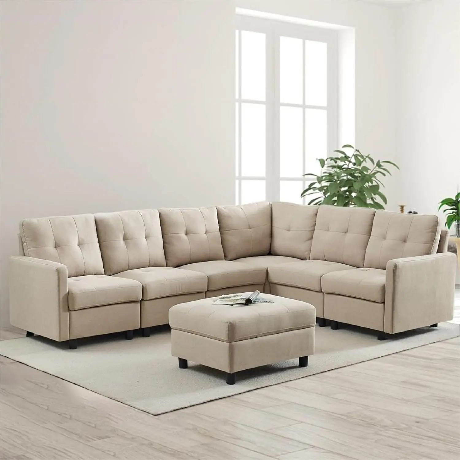 Sectional Sofa Set 6 Seats L-Shaped Corner Linen Fabric Comfy Couch with Ottoman for Living Room Bedroom Apartment Grey