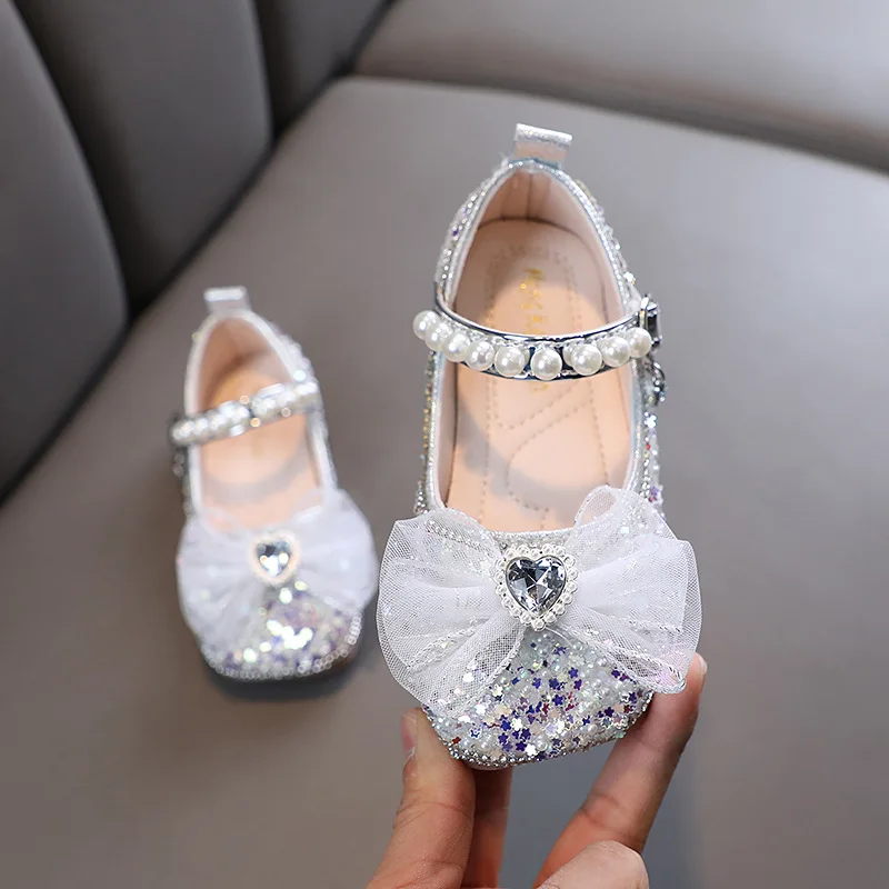 New Children Sequins Sandals Rhinestone Bow Wedding Princess Girls Sandal Party Dance Baby Student Flats Kids Performance Shoes