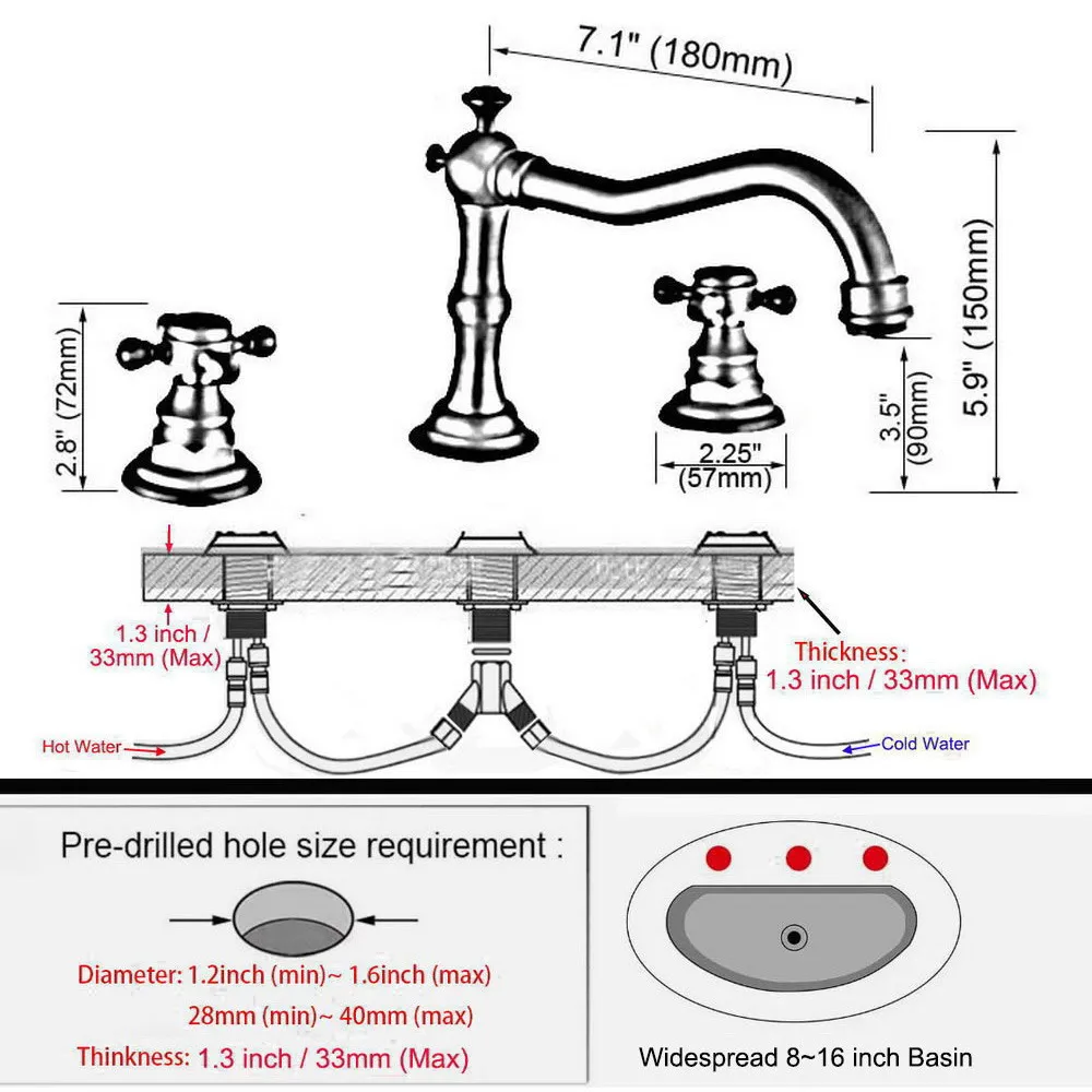 3 pcs Brushed Nickel Deck Mounted Bathroom Mixer Tap Bath Basin Sink Vanity Faucet Water Tap Bath Faucets Nnf689