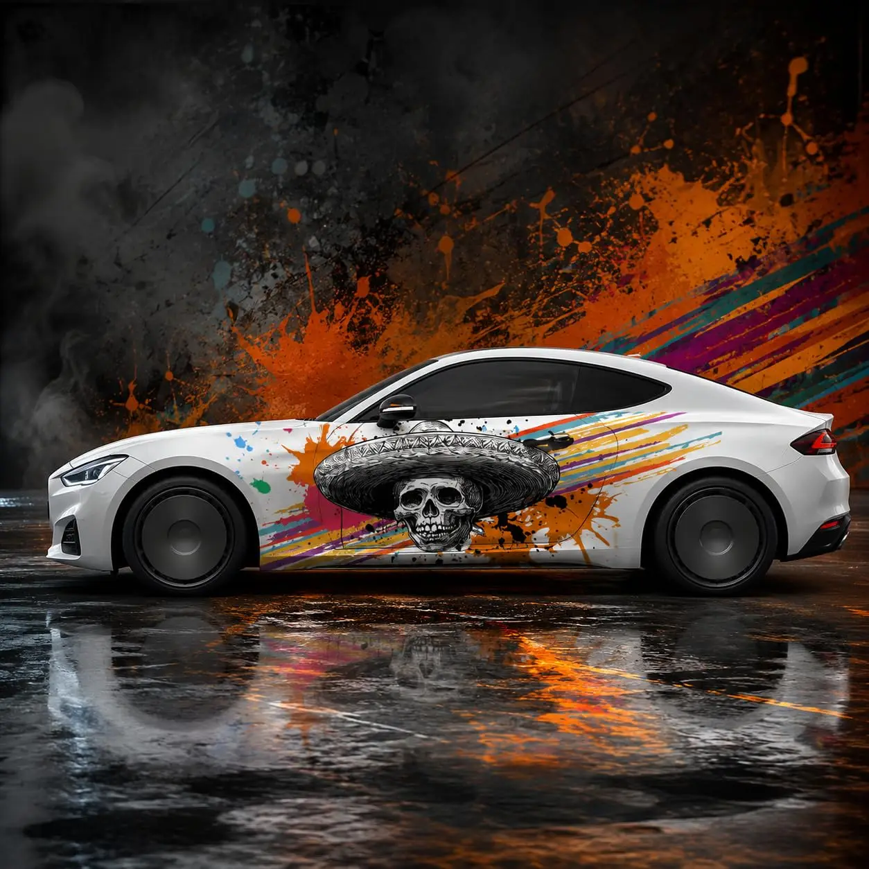 2pcs Skull Sombrero Car Side Vinyl Wrap Decal, Colorful Splatter