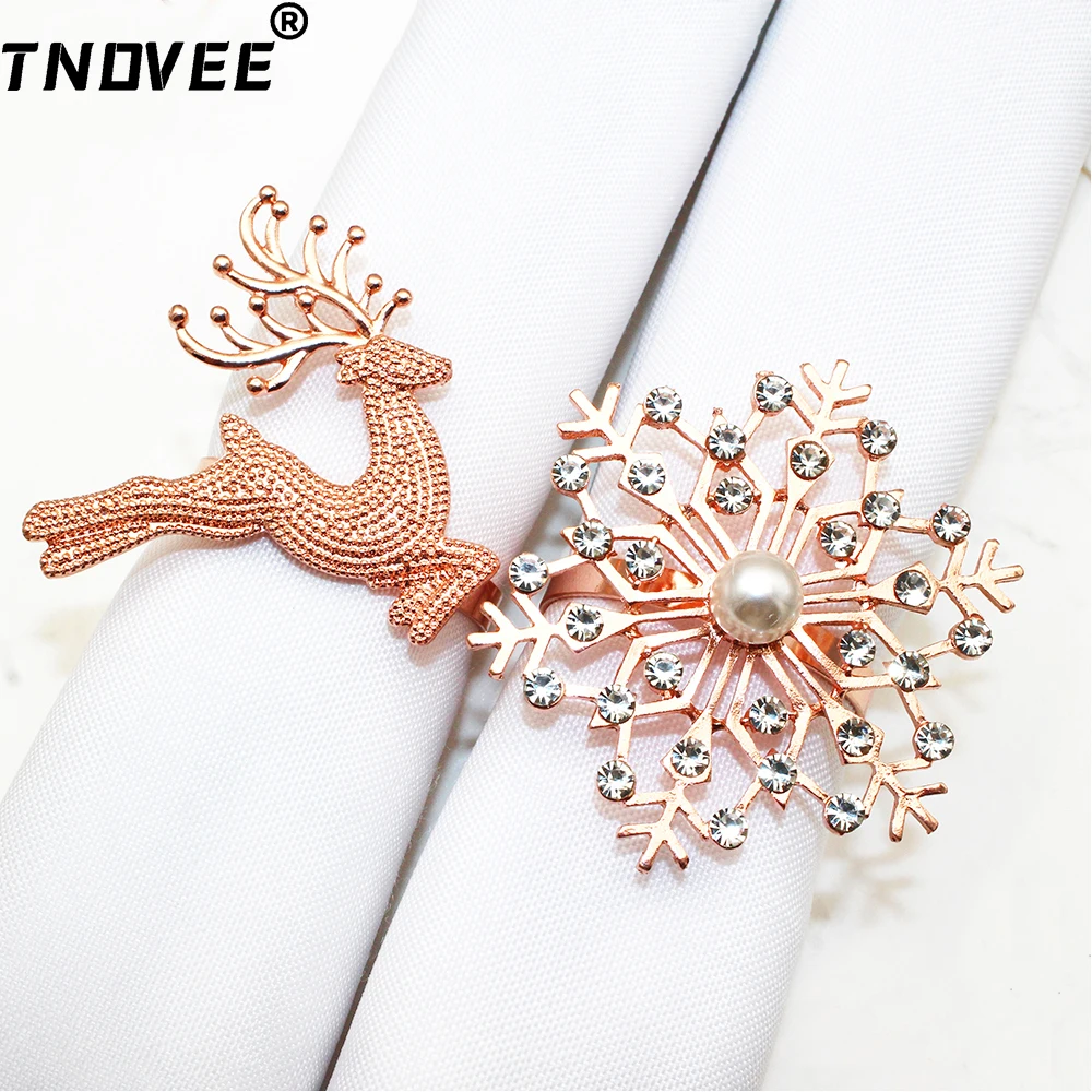 6Pcs Christmas Napkin Rings Rhinestone Pearl Snowflake Deer Napkin Rings Holders for Christmas Wedding Party Dinner Table Decor