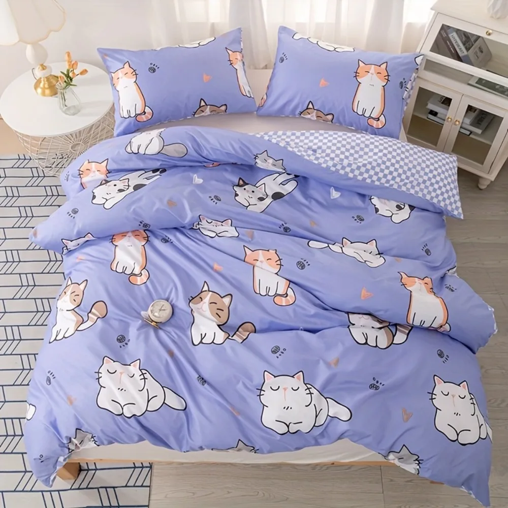 3pcs Blue Pink Black Bedding Set Cute Dog Cat Print Cozy Soft Duvet Cover King Queen Twin Size Birthday Gift Girls Bedroom Decor