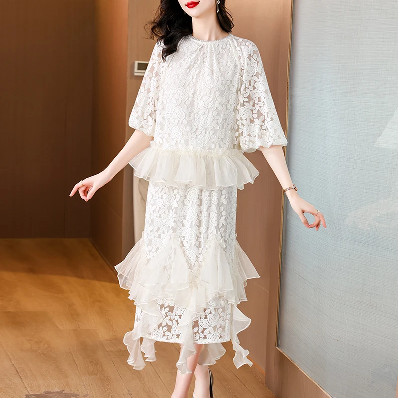 Spring 2024 New Women's White Lace Dress in Large, Loose, Tight, Over Knee Skirt, Elegant and Fashionable, Versatile Dress