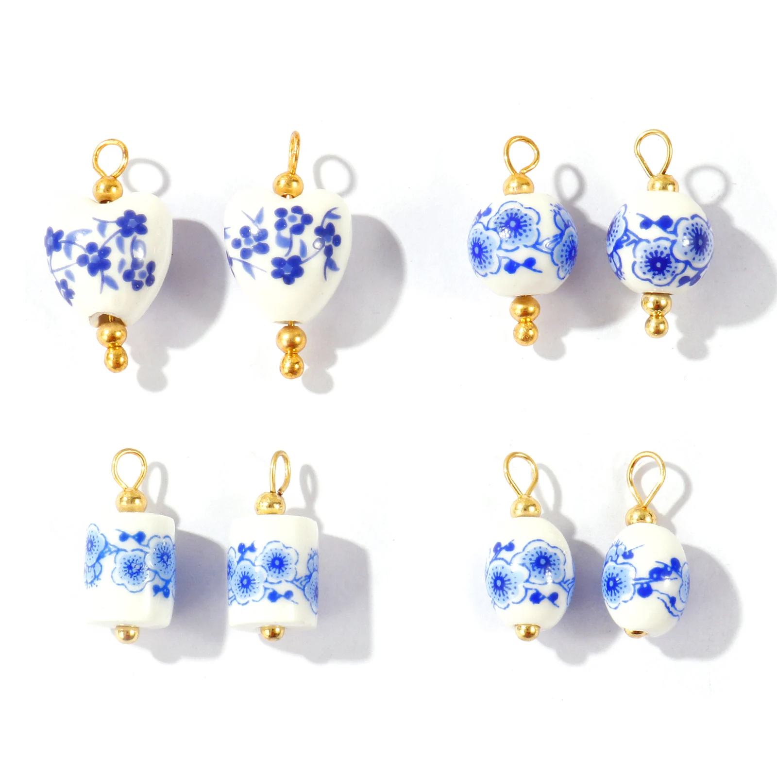 10pcs Vintage Ceramic Charms 8K Gold Plated Brass Cloisonne White & Blue Flower Hand-drawn Pendants DIY Necklace Jewelry Gifts